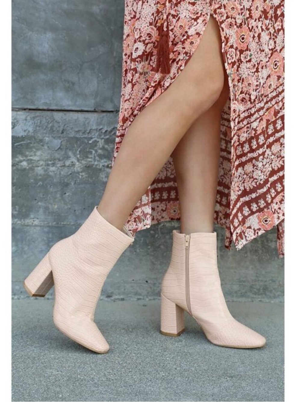 Lulu's Cream Croc-Pattern Ankle Boots